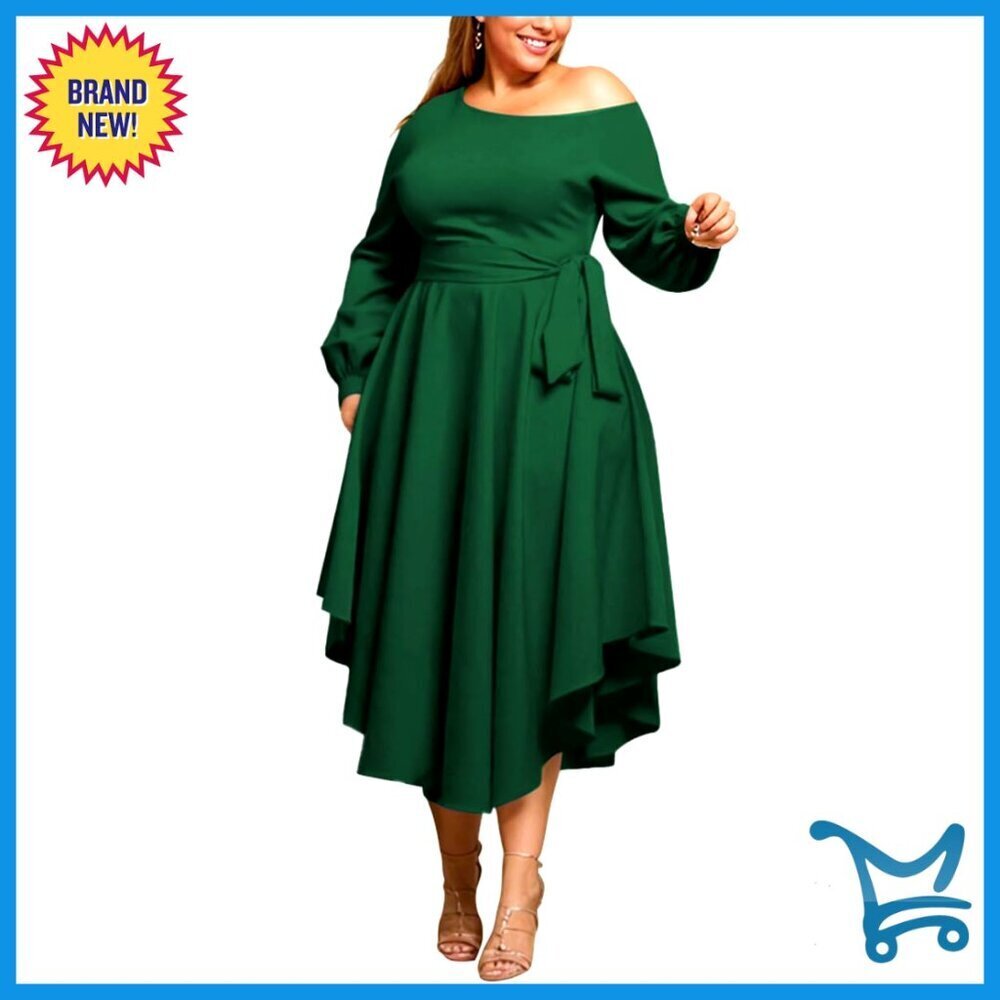 Plus Size Formal Off Shoulder Long Sleeve Midi Dress Elegant Church Wear